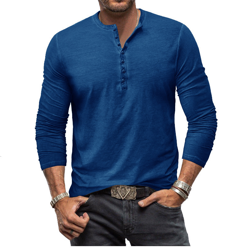 Mens Tie Dyed Henry Slim Fit Long sleeved T-shirt Button Washed Old V-neck Mens T-shirt
