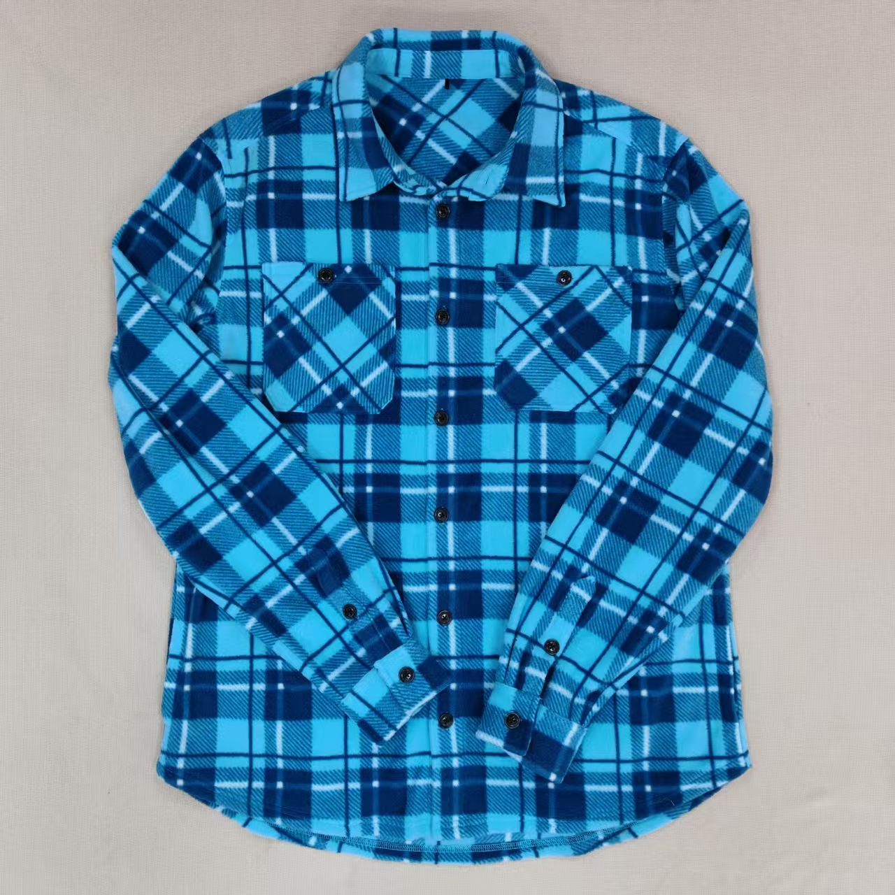 Men's Blue Plaid Flannel Loose Casual Shirt with Button cuffs Curved hem for Daily Casual Streetwear