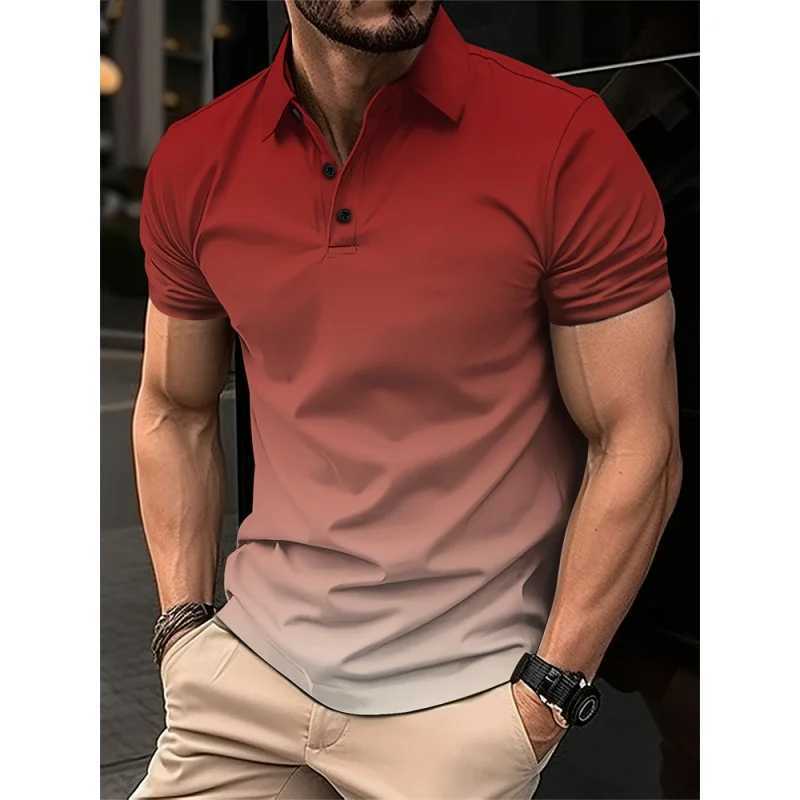3D printed color gradient polo shirt mens fashion pattern short sleeved T-shirt summer casual lapel top oversized T-shirt W250414
