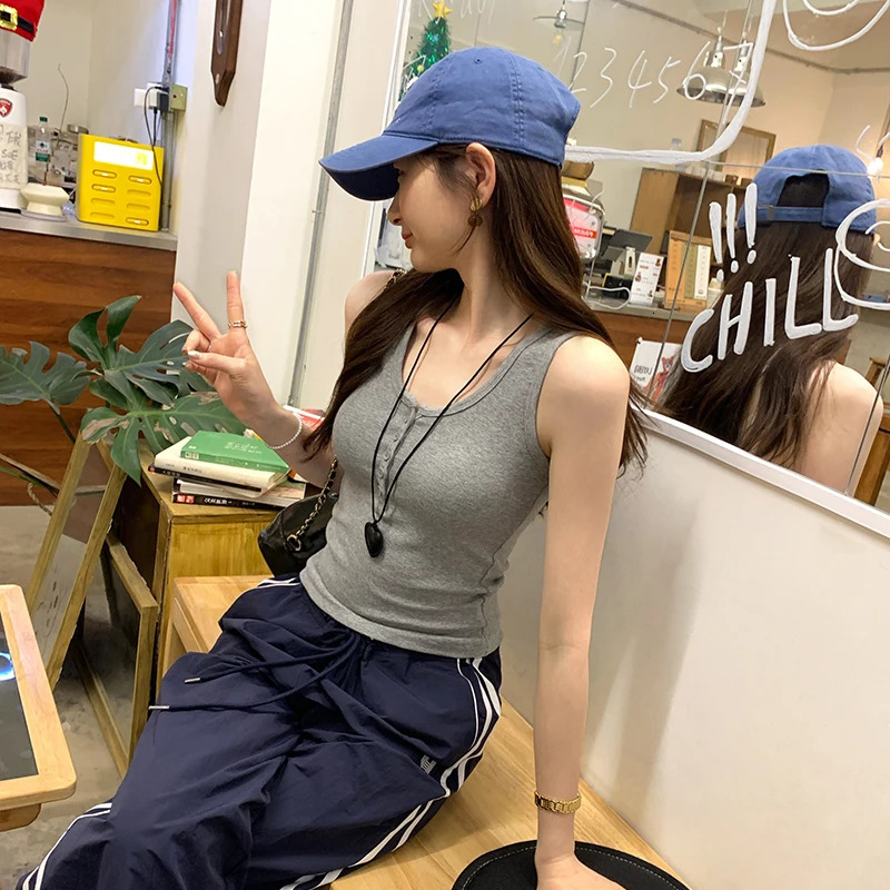 AOSSVIAO 2025 Womens Solid Round Neck Lace Button Tank Top Summer Basic Elastic ONeck 250414Z