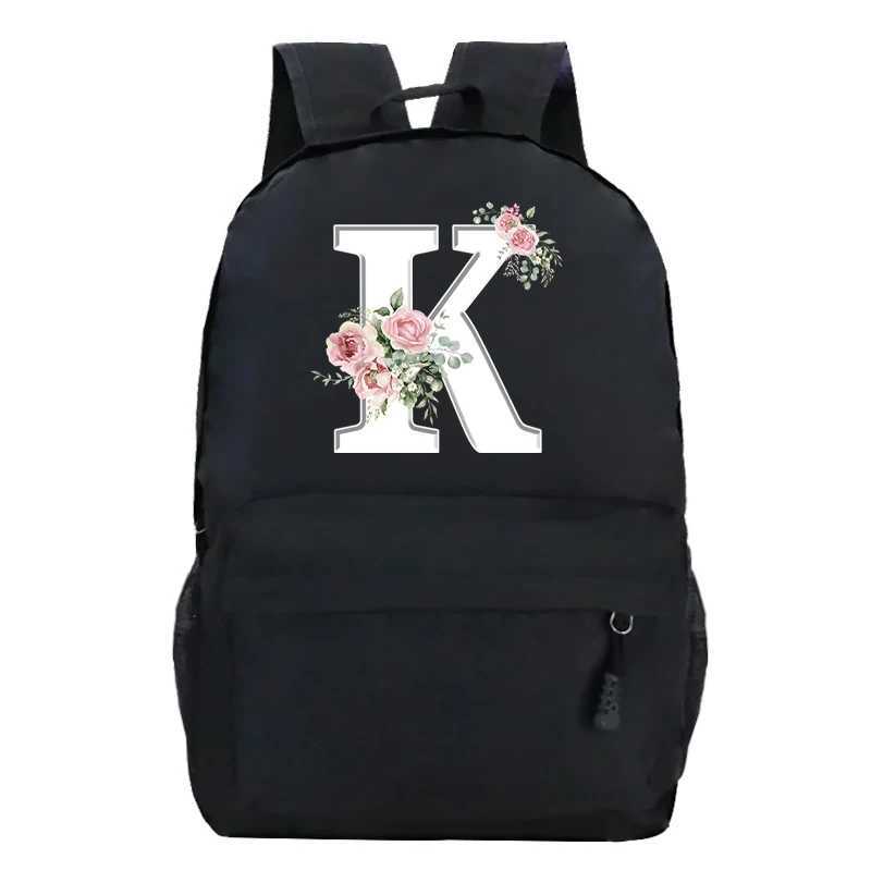 College Student Ladies Pink Floral Alphabet White Print Backpack Women Flower Harajuku SchoolBags Female Rose Letter Shouder BagW251113
