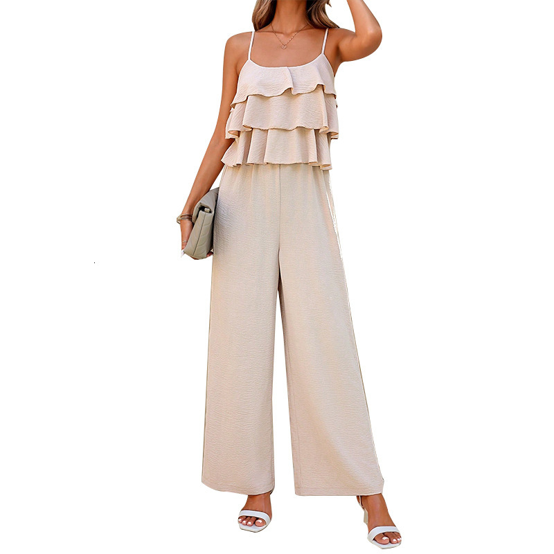 Womens style lotus leaf suspender jumpsuit 2025 spring and summer elegant long pants with wide legs