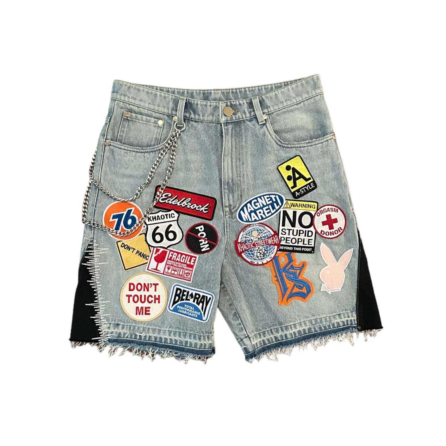 Hip-hop style street retro embroidered patchwork denim shorts, loose metal decoration, new spring and summer styles for both men and women