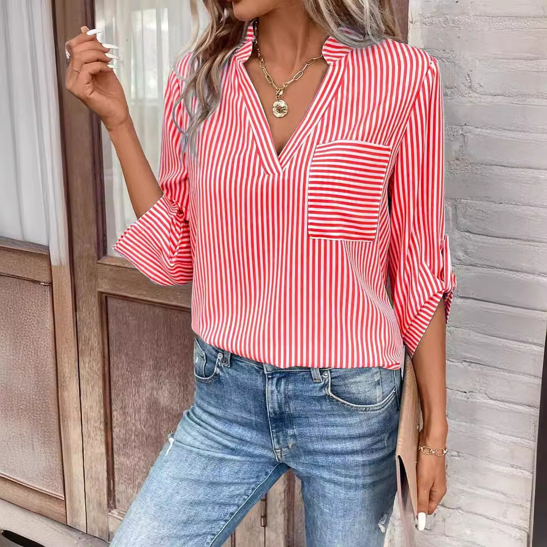 2025 early spring new V-neck pullover with striped printed long sleeved casual women's shirt