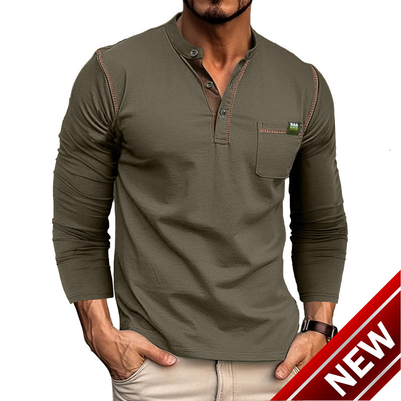 2025 mens Henry shirt long sleeved T-shirt mens color blocked knitted T-shirt men