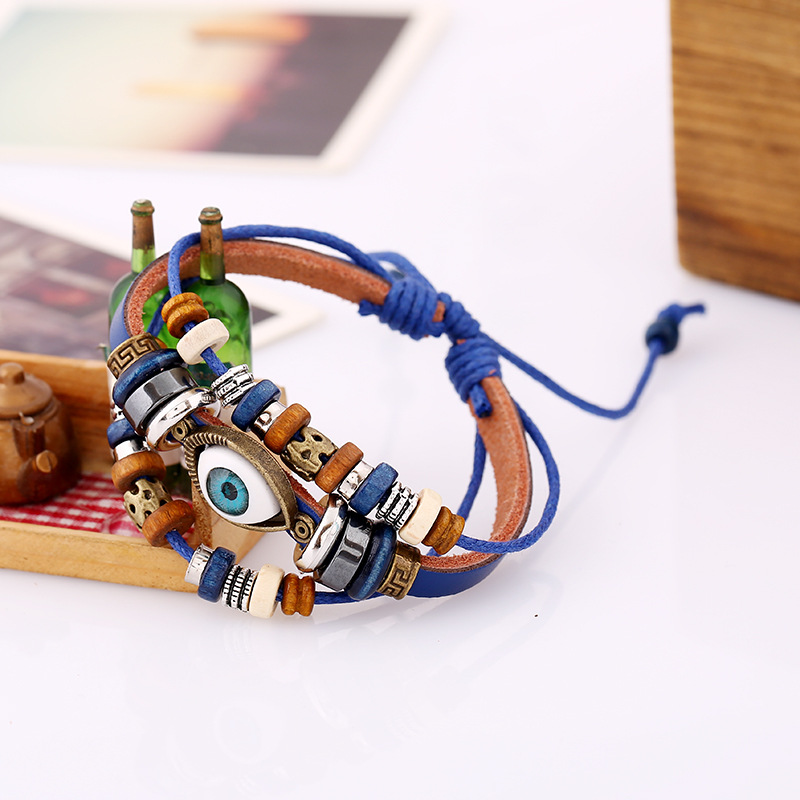 2025 New Beaded Eyes Cowhide Leather Bracelet with Pull - out Adjustment - Couple Leather Handmade Bracelet in European and American Style