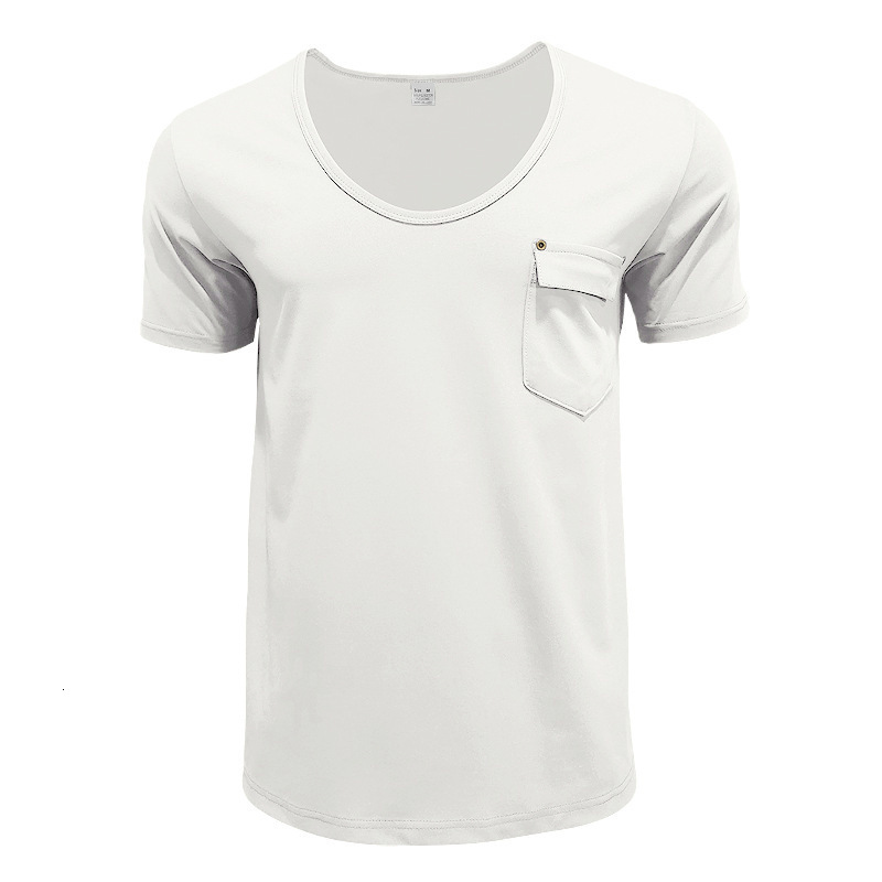 Mens pocket t-shirt clothing mens V-neck solid color plus size casual short sleeved t-shirt