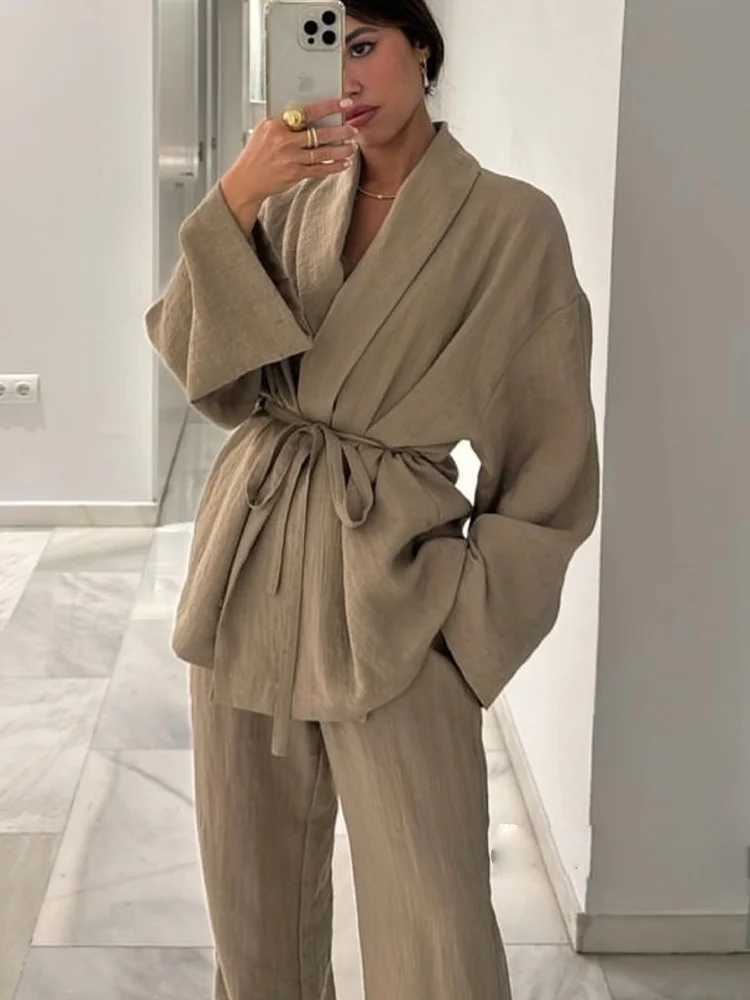 TR 2024 Fashion Womens Pants Set Solid When Drstring Long Sve Cardgian Shirt+Elastic Waist Wide Leg PantsXJ250414