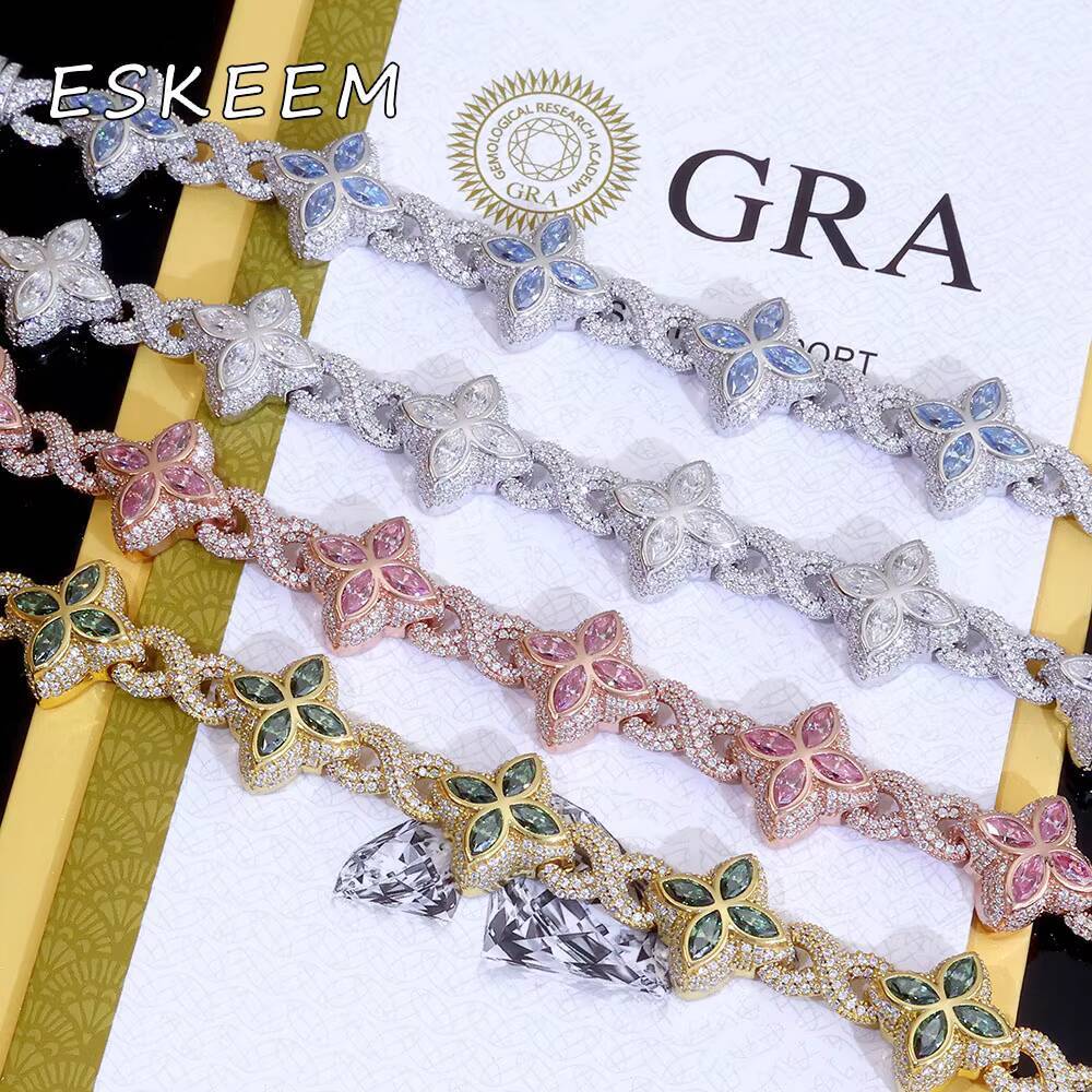 Colorful VVS Moissanite Cuban Link Bracelet 925 Silver Iced Out Colors Floral Design Bracelet Hip Hop Fine Jewelry for Men Women
