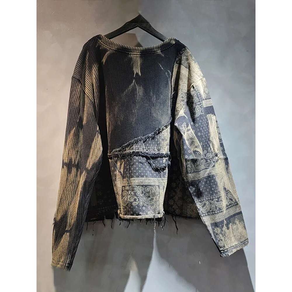 DEAT Women Pullover Knitted Distressed Tie-Dye Printed Black Vintage Tassel Long Sleeve Sweater Spring 2025 New Fashion 11A0969