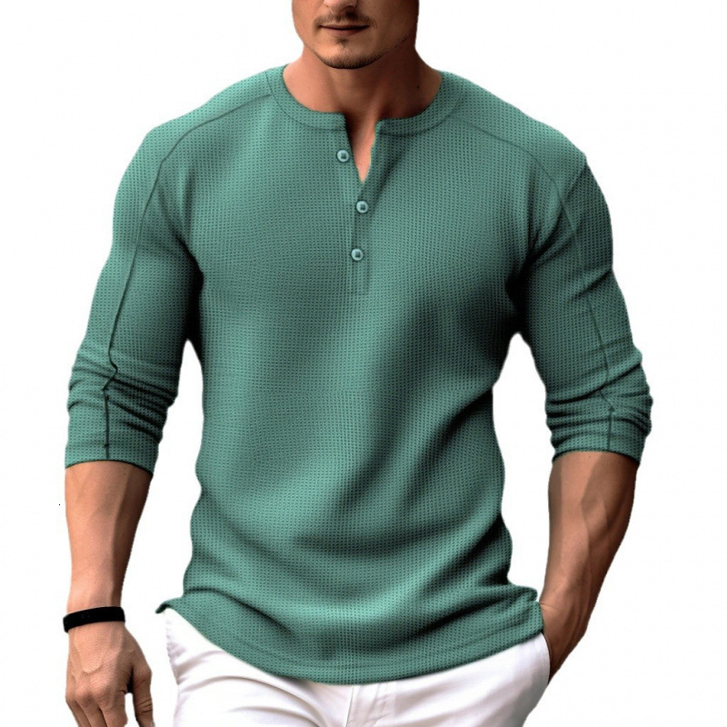 2025 Mens Waffle Henry Neck T-shirt Top Holiday Long Sleeve Casual Fashion