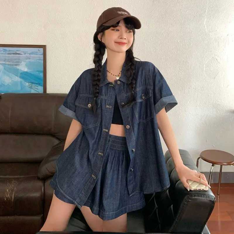 Summer shorts set retro denim shorts Sve shirt thin cardigan womens loose casual shorts two-piece set womens clothingXJ250414