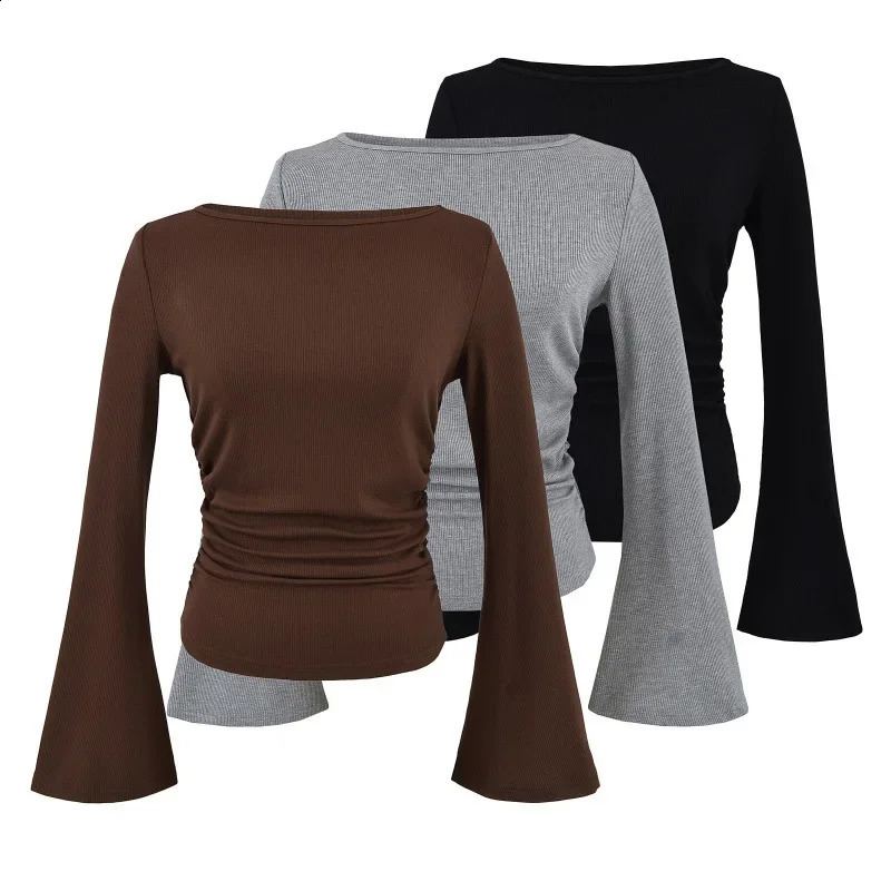 Ultra thin fit Bell sleeves American style spicy shoulder pleated weight loss top solid color arrival in autumn 250407