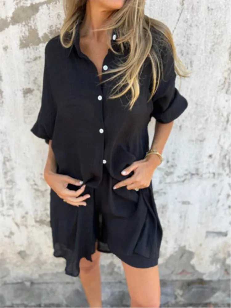 2025 new Ele womens 2-piece set fashionable loose black cardigan shorts set two-piece set womens setXJ250414