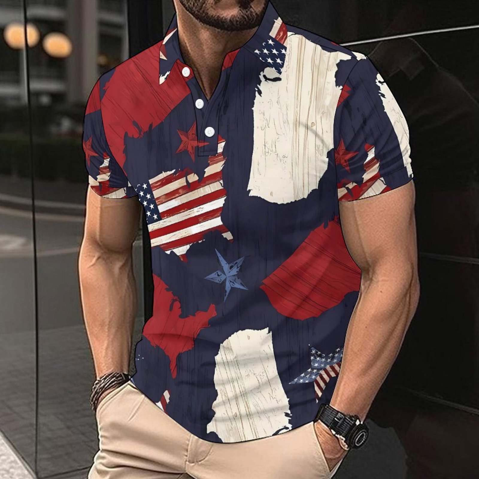 2025 summer collar digital printed polo shirt fashion casual men's American short sleeved T-shirt