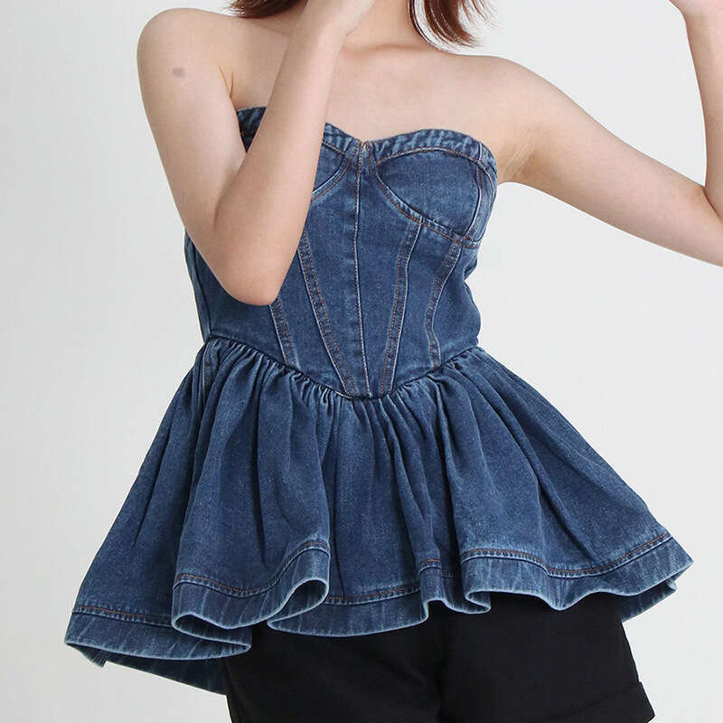 Designer Women's Spring 2025 Elegant Denim Strapless Top with Patchwork Detail and Ruffled Edges