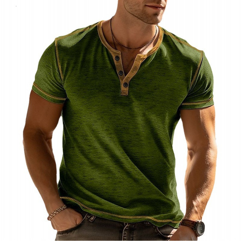 Mens summer stand up collar color blocked short sleeved T-shirt button collar casual top breathable fashionable and casual