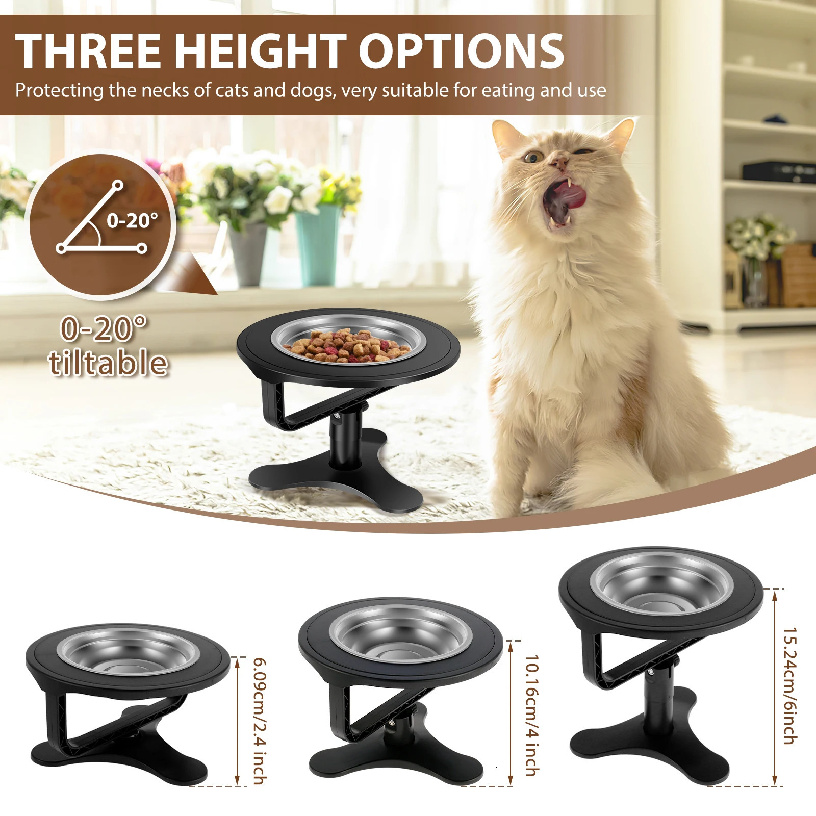 Cat bowl rack with adjustable bowl height Pe food rack tilted dog drinking bowl no pillar neck protection 250414