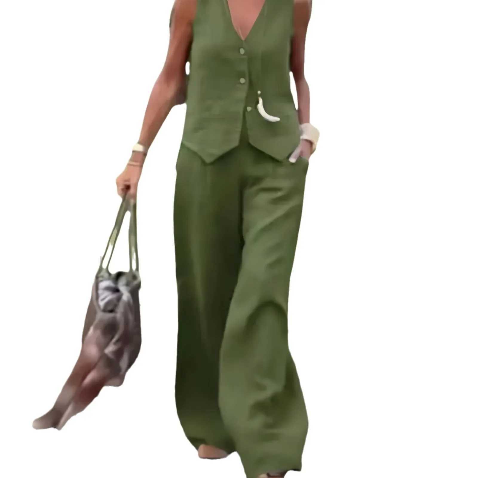 2024 Fashion Crossover New Solid Color Womens Set Tank Top Trouser Splicing Work Leisure 2-piece SetXJ250414