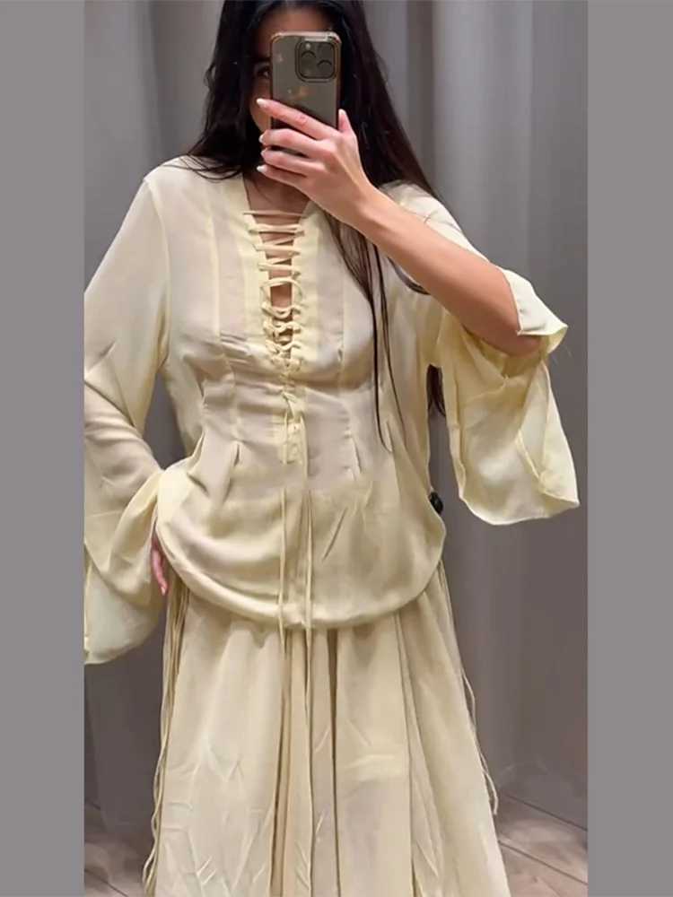 Ele shirt set womens fungal Drstring lace long shimmer Sve top elastic waist pleated ski suit fashionable vacationXJ250414