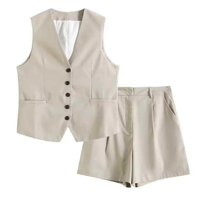 Retro linen office womens suit V-neck vest jacket Comter wide leg shorts fashion 2024 summer retro 2-piece workwearXJ250414