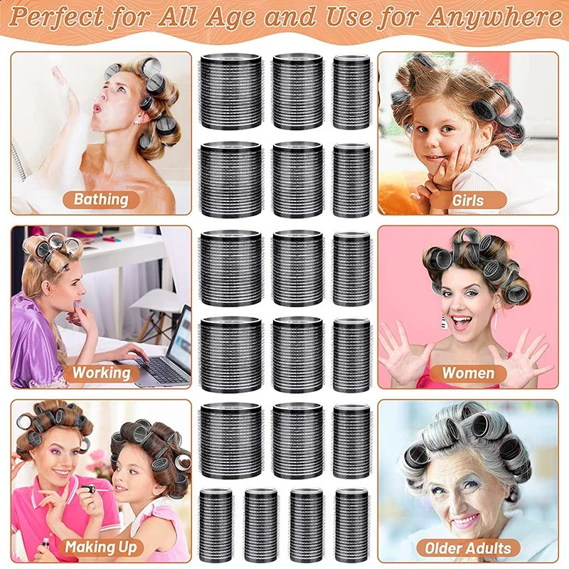 45pcs/set Self-grip Hair Rollers With Clips Black Heatless Roller Jumbo Sticky Hair Roller Set Salon Hair Dressing Curlers 250409