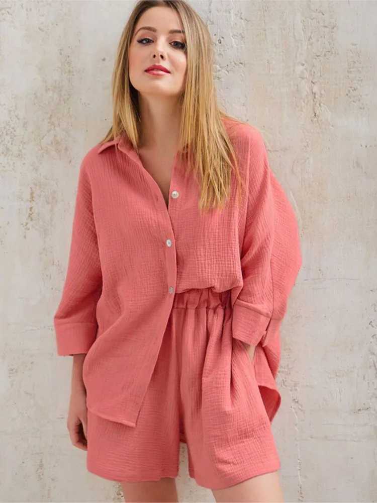 Womens summer outfit new pure cotton warm city casual solid color long sleeved short sleeved shirt set two-piece setXJ250414