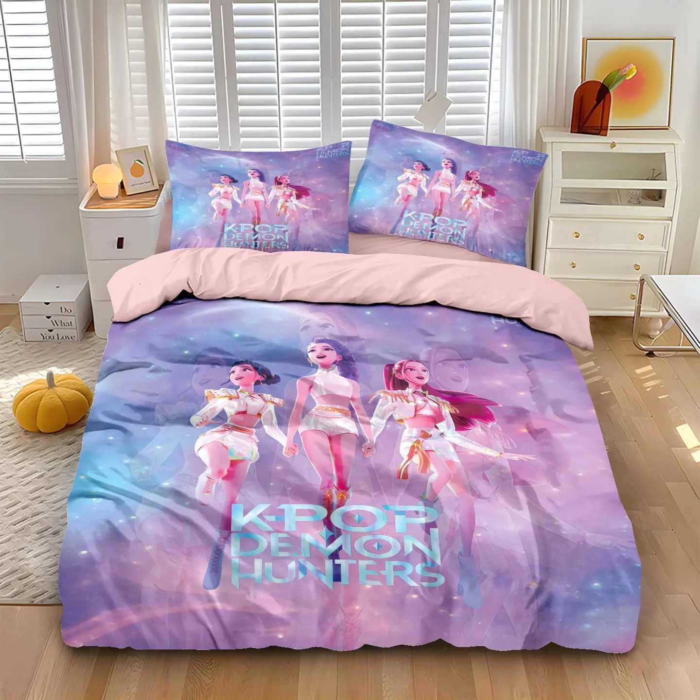 K-Pop Bedding Set Demon Hunters Themed pink or Black other side Print Polyester Student Dormitory Duvet Cover Boys Girls Gift Z251111