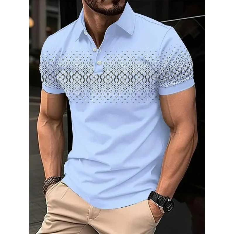 3D printed mens simple geometric polo shirt with colorful graphics short sleeved T-shirt casual button top loose polo shirt W250414