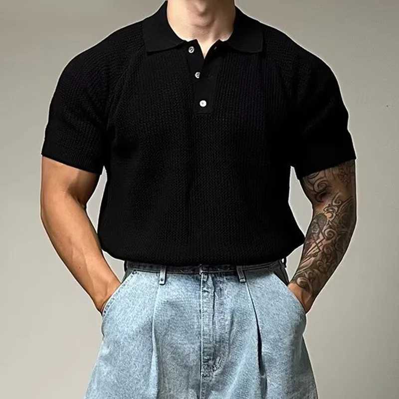 Fashionable mens ultra-thin polo shirt spring and summer casual solid color waffle style short sleeved polo shirt mens fashionable button polo neck sh