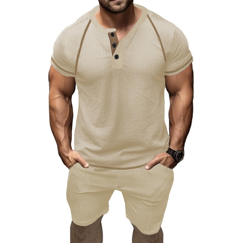 Summer Fashion Casual Slim Fit Wear Henry T-shirt Waffle Sports Shorts Set Men's