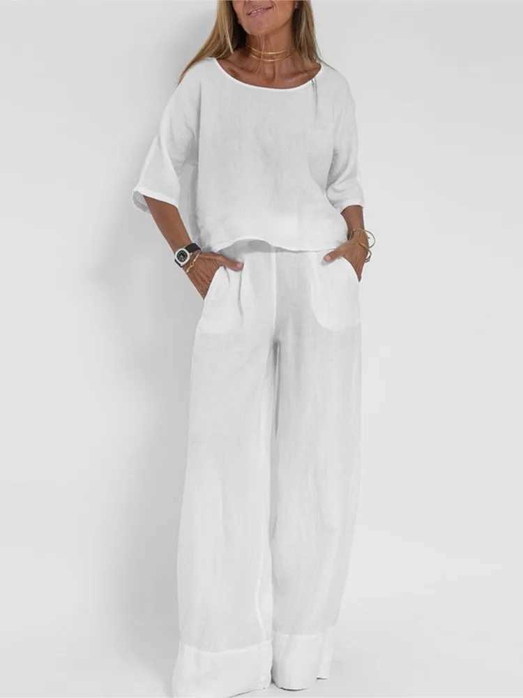 Summer fashion new cotton linen 2-piece set for womens casual O-neck short Sved top+wide leg pants 2-piece setXJ250414