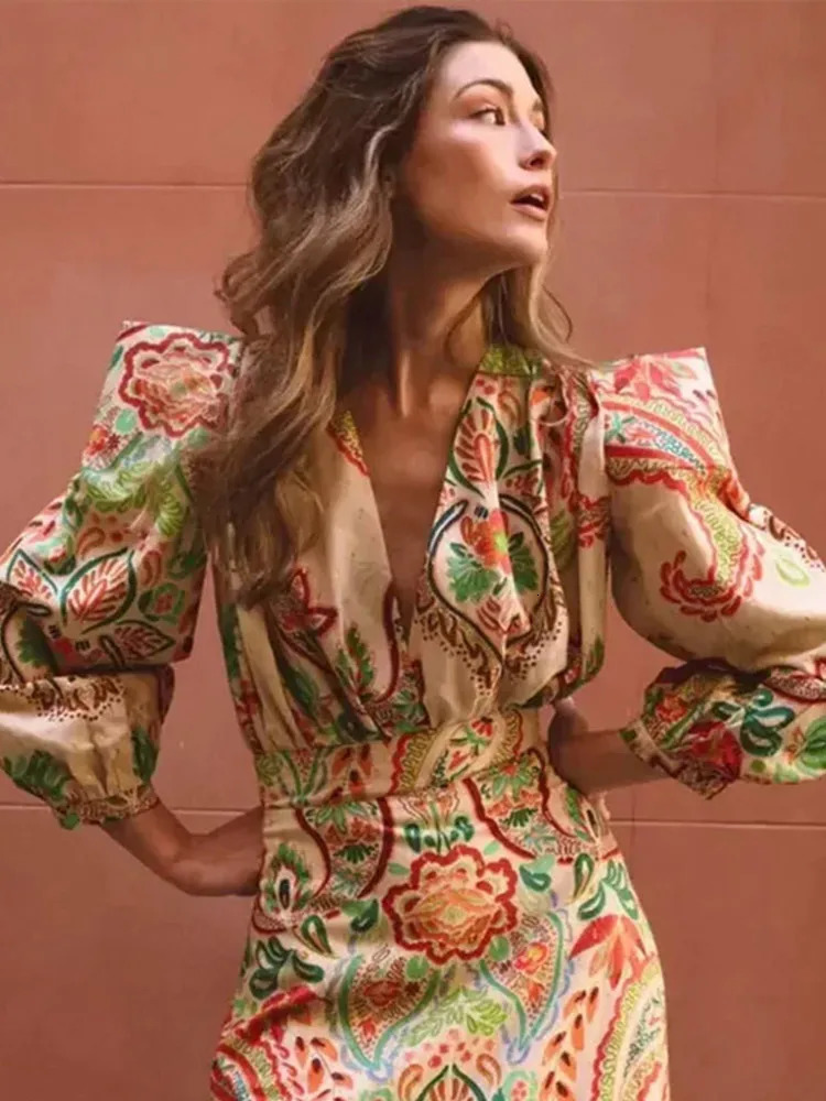 Printed deep Vneck womens dress lantern sleeves Aline 2024 summer beach party high waisted ultrathin elegant Rube 250414