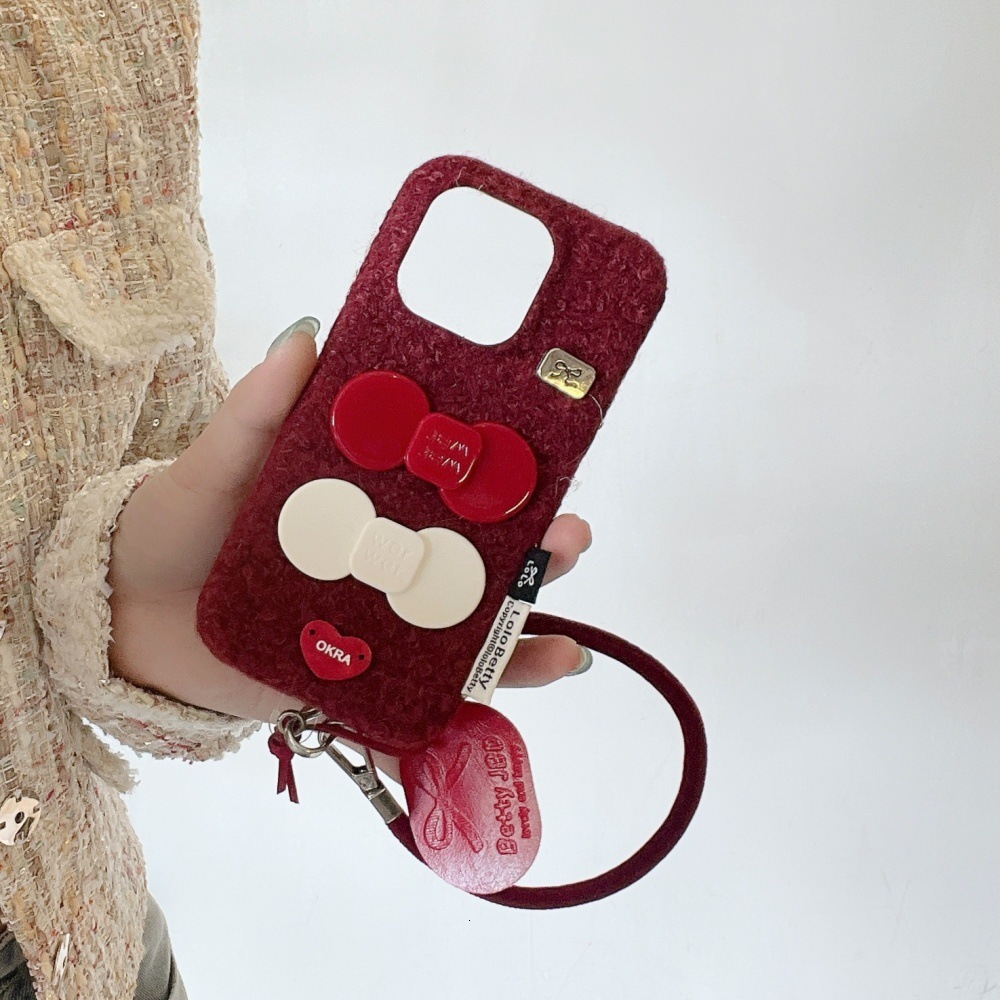 Velvet Bow Phone Case Suitable for iPhone 17 Pro Max Solid Color Lanyard Protective Cover iPhone 16/15 Pro