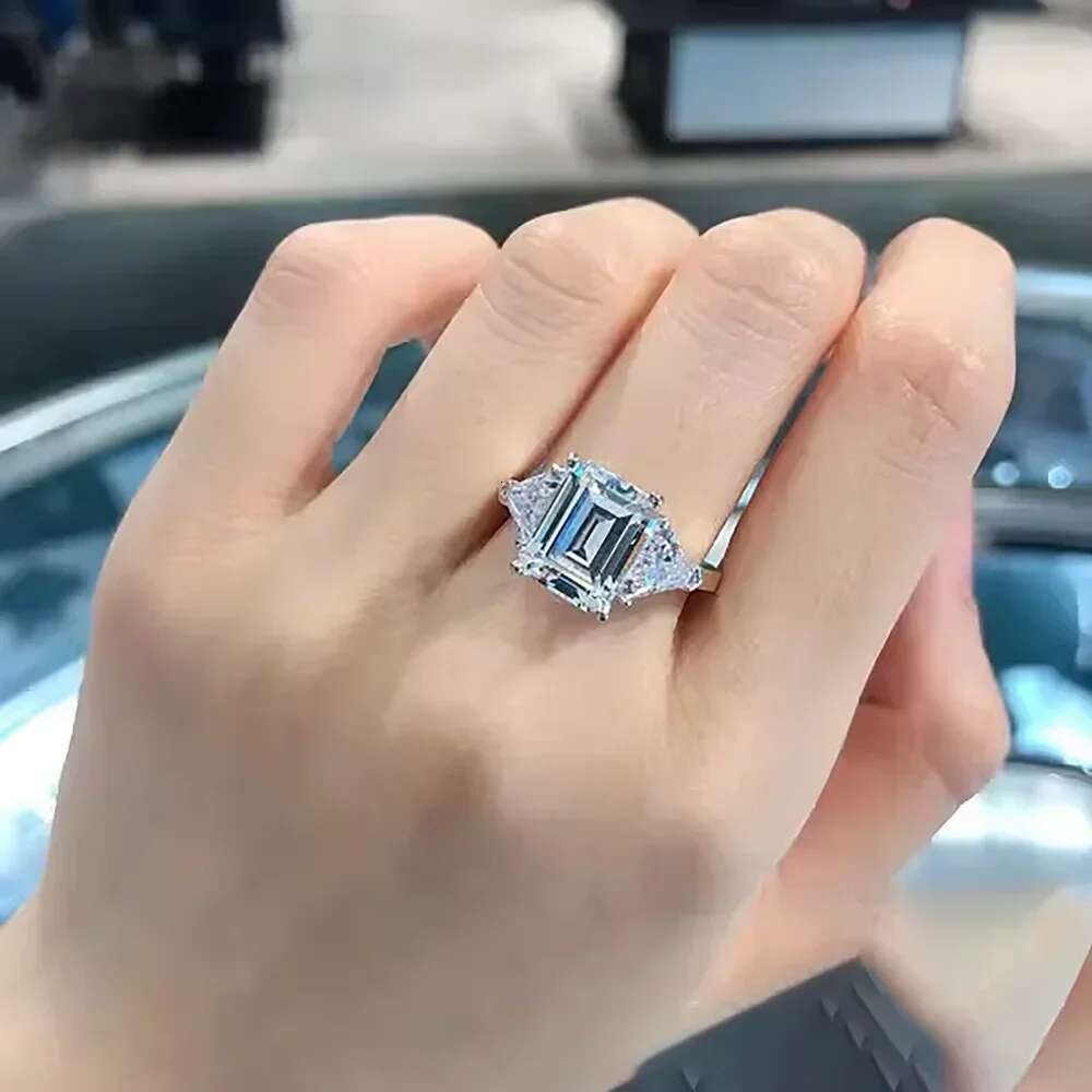 5cttw Full Moissanite Engagement Rings with Gra Certified Emerald/Triangle Cut Diamond Wedding Ring 925 Silver Jewelry for Women
