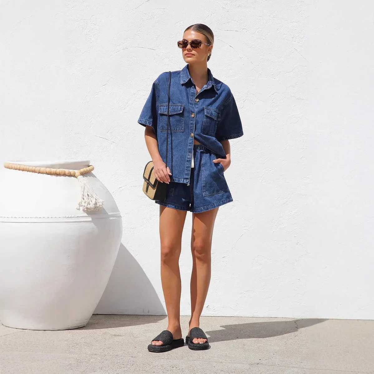 Womens 2-piece clothing set denim shorts Sve jacket shirt high waisted shorts jeans sexyXJ250414