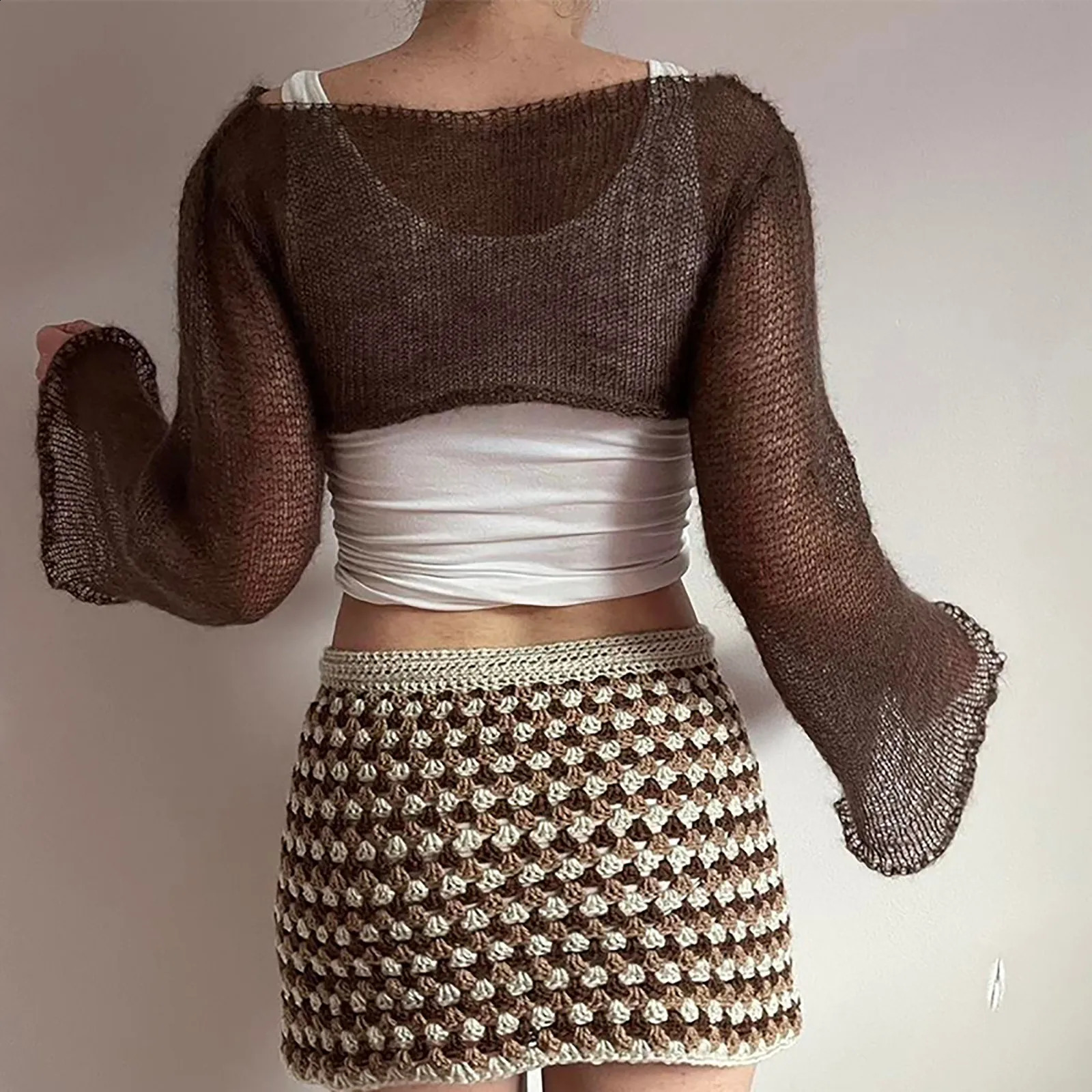 Fairycore Grunge Knitted Top Womens Retro Y2K Clothing Smoking Hook Short Sleeve Hollow Pullover Sweater 250407