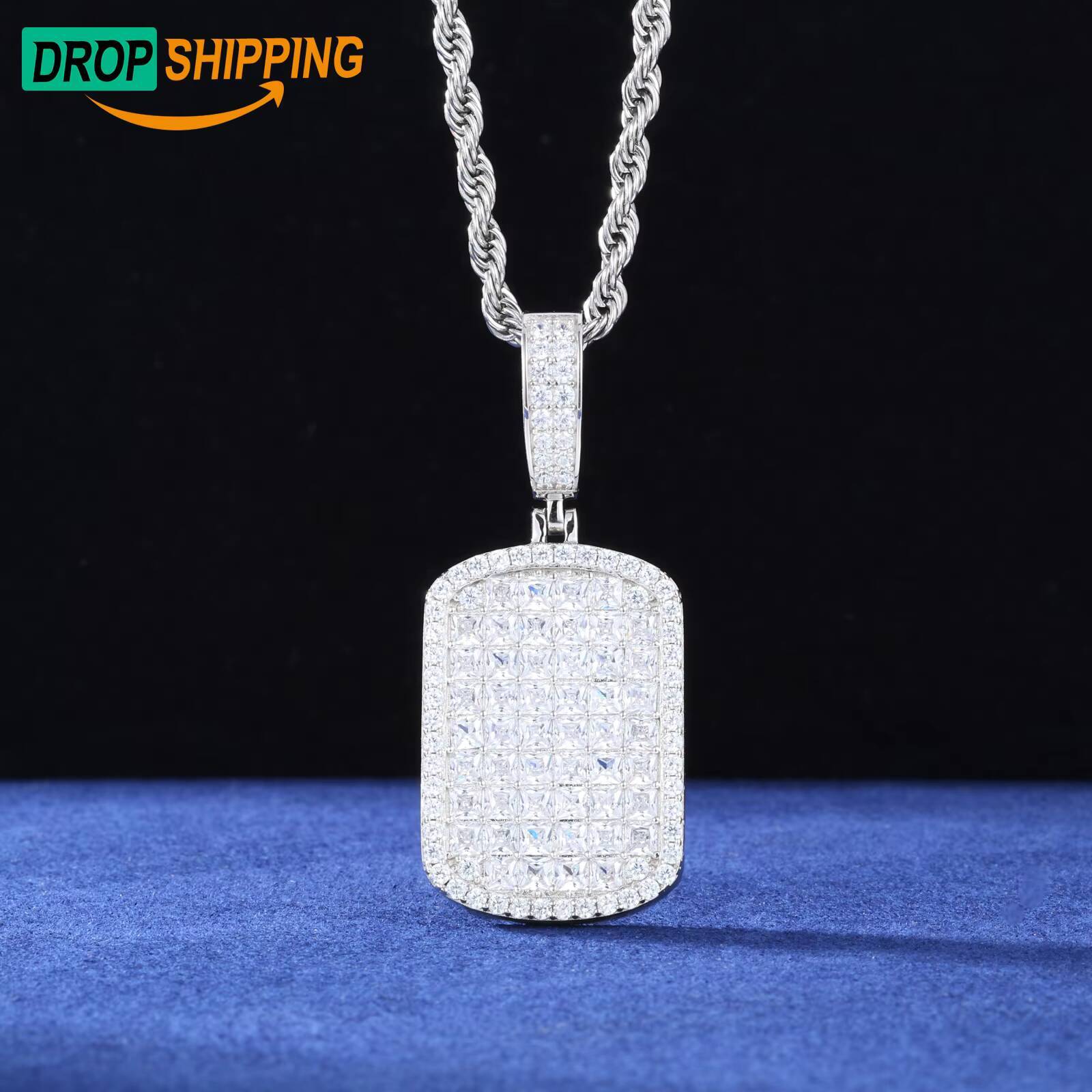New Arrivals 925 Sterling Silver Sparkling Princess Cut Moissanite Diamond Mens Hip Hop Party Iced Out Tag Pendant