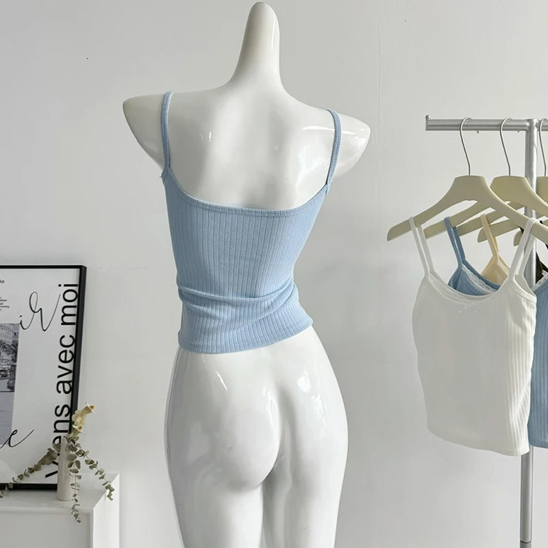 Womens summer casual vacation twopiece bow vest patch work contrast color lace knit sweet shoulder backless crop top 250414Z