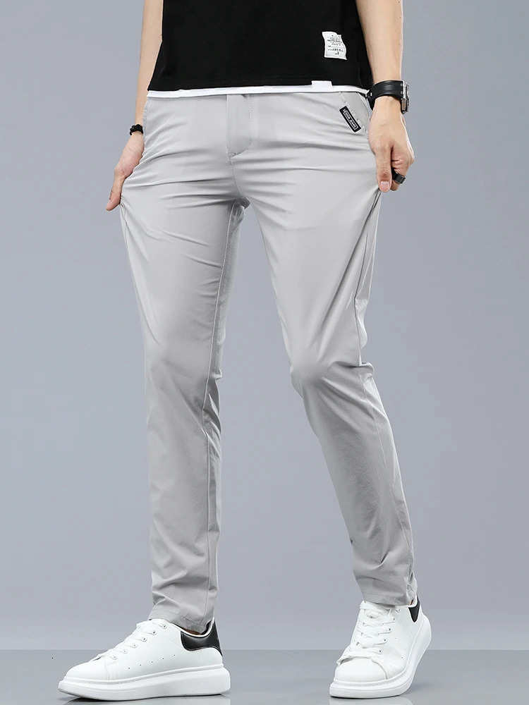 Ice Silk Cool Summer Mens Casual Pants Ultra Thin Fashion Stretch Business Korean Trouser Clothing 250414Z