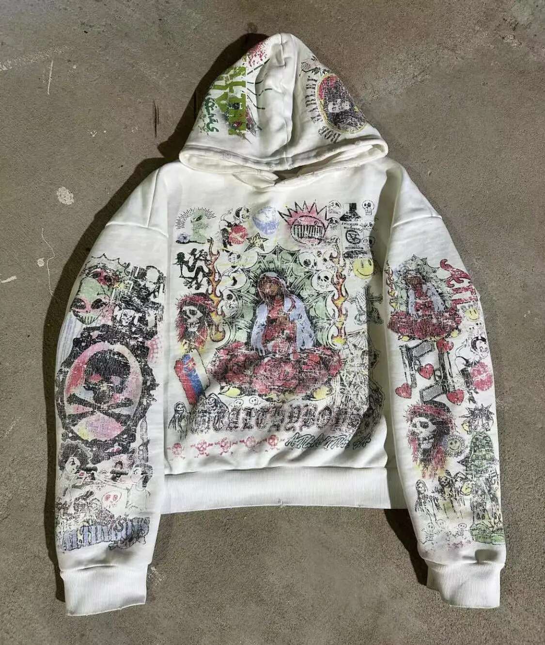 2024 American retro white pattern letter print casual personalized hoodie zipper long-sleeved clothes