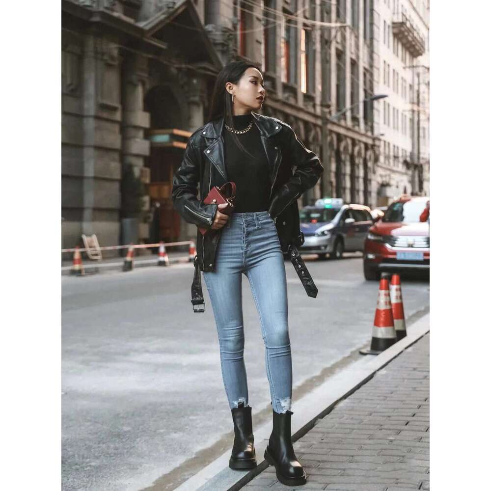 Designer Clothes RARF New 2024 Women's Motorcycle PU Imitation Leather Loose Black Jacket