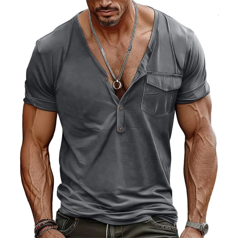 2024 mens plus size summer casual buckle slim fit short sleeved T-shirt Henry V-neck pocket top