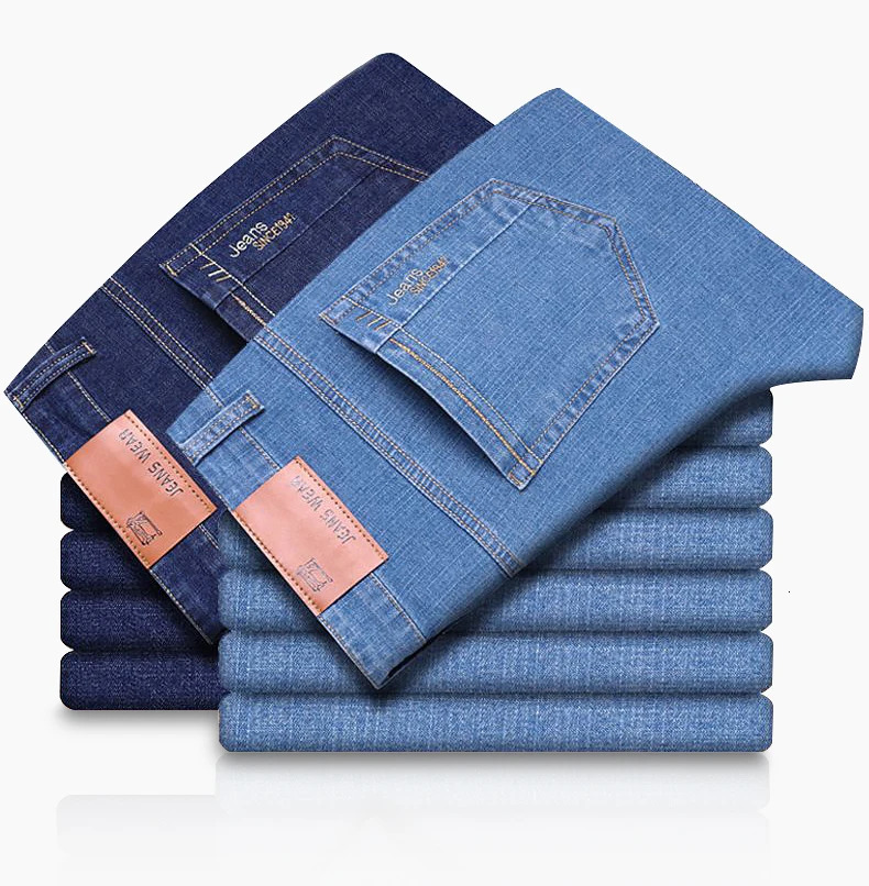 Summer Thin Mens Elastic Cotton Jeans Fashion Blue Comfortable Business Straight Casual Pants Male Clothes Trousers 250414