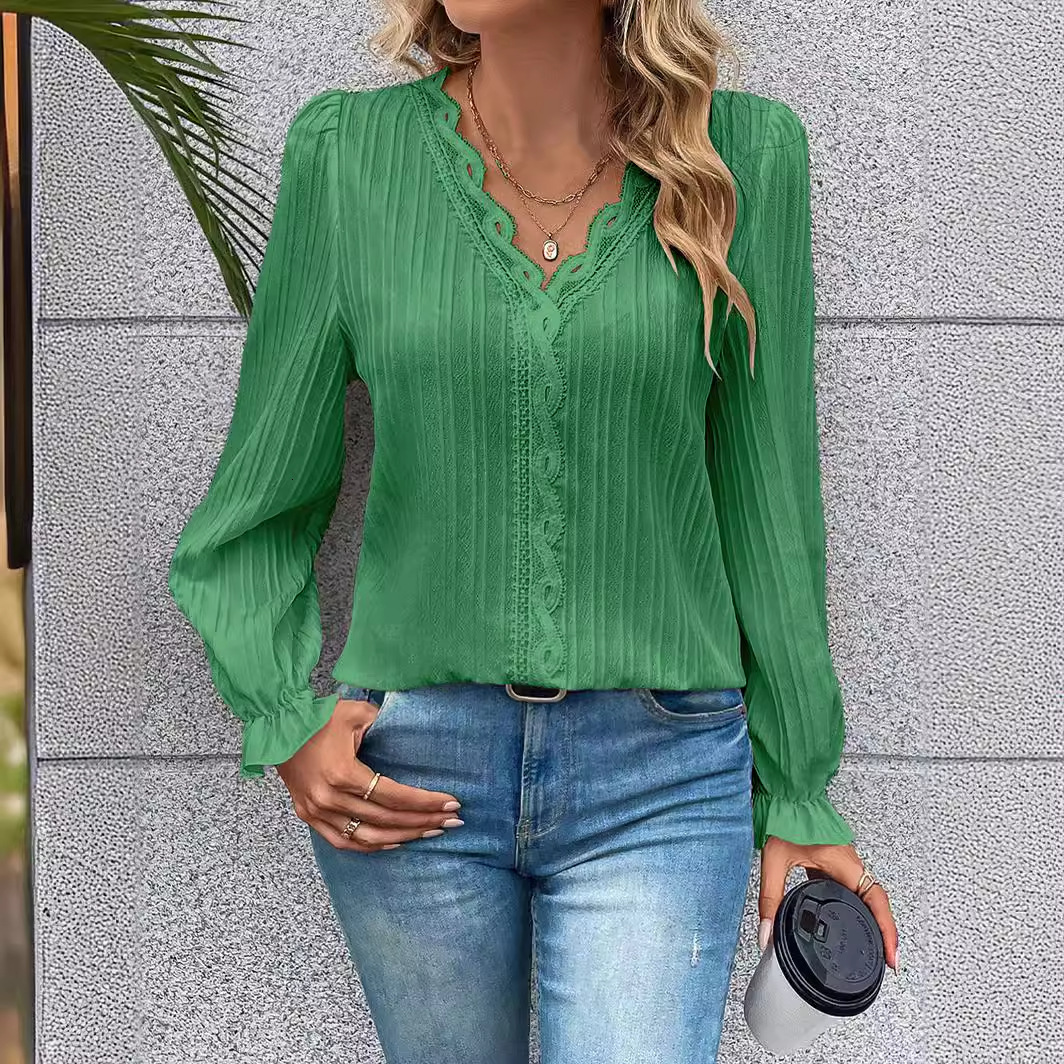 2025 Autumn Long sleeved V-neck Lace Panel Hollow out Women's Shirt