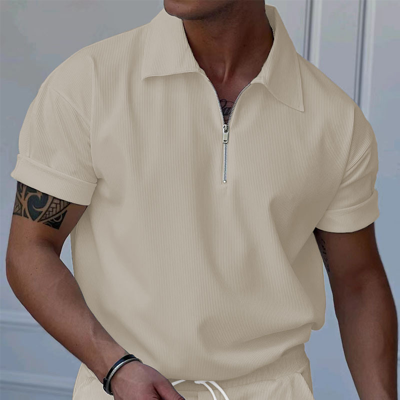 2025 Summer New Corduroy Zipper Polo Shirt Short sleeved T-shirt Men's