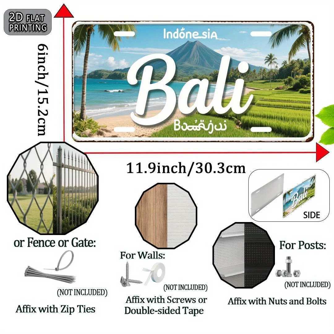 Bali Indonesia Vintage Metal License Plate - Aluminum Wall Art with Tropical Beach Volcano Design Rustic Home Decor for LiM251114
