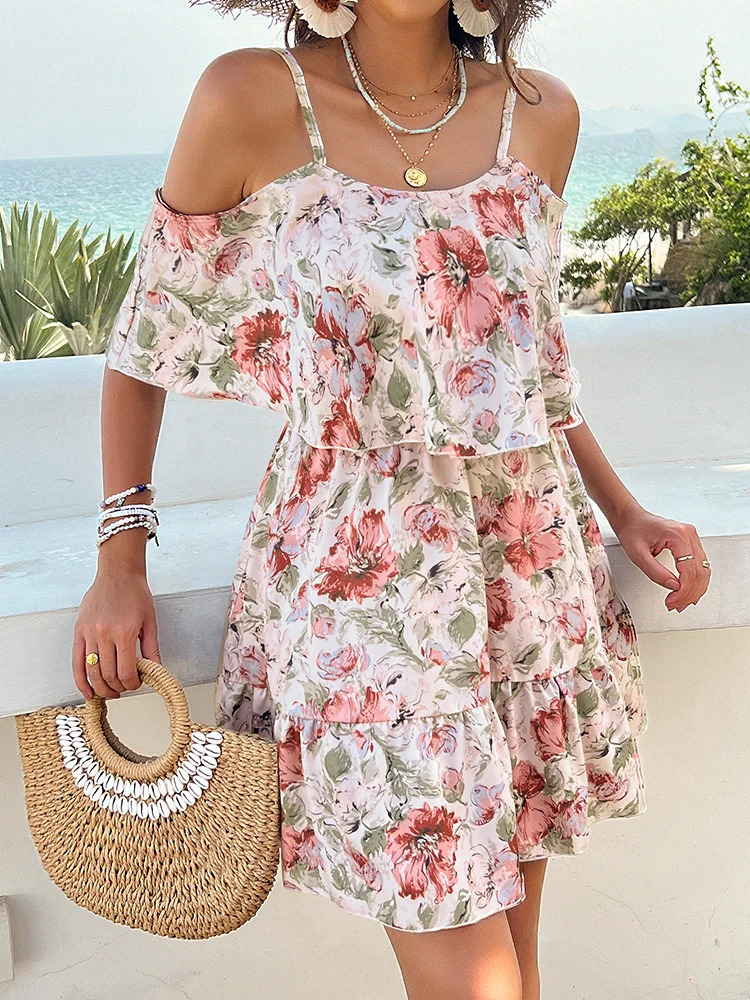 2025 Trend Fairycore Pendant Mini Dress Flower Printed Double Flow Romantic Holiday Shoulder Beach Wear 250414