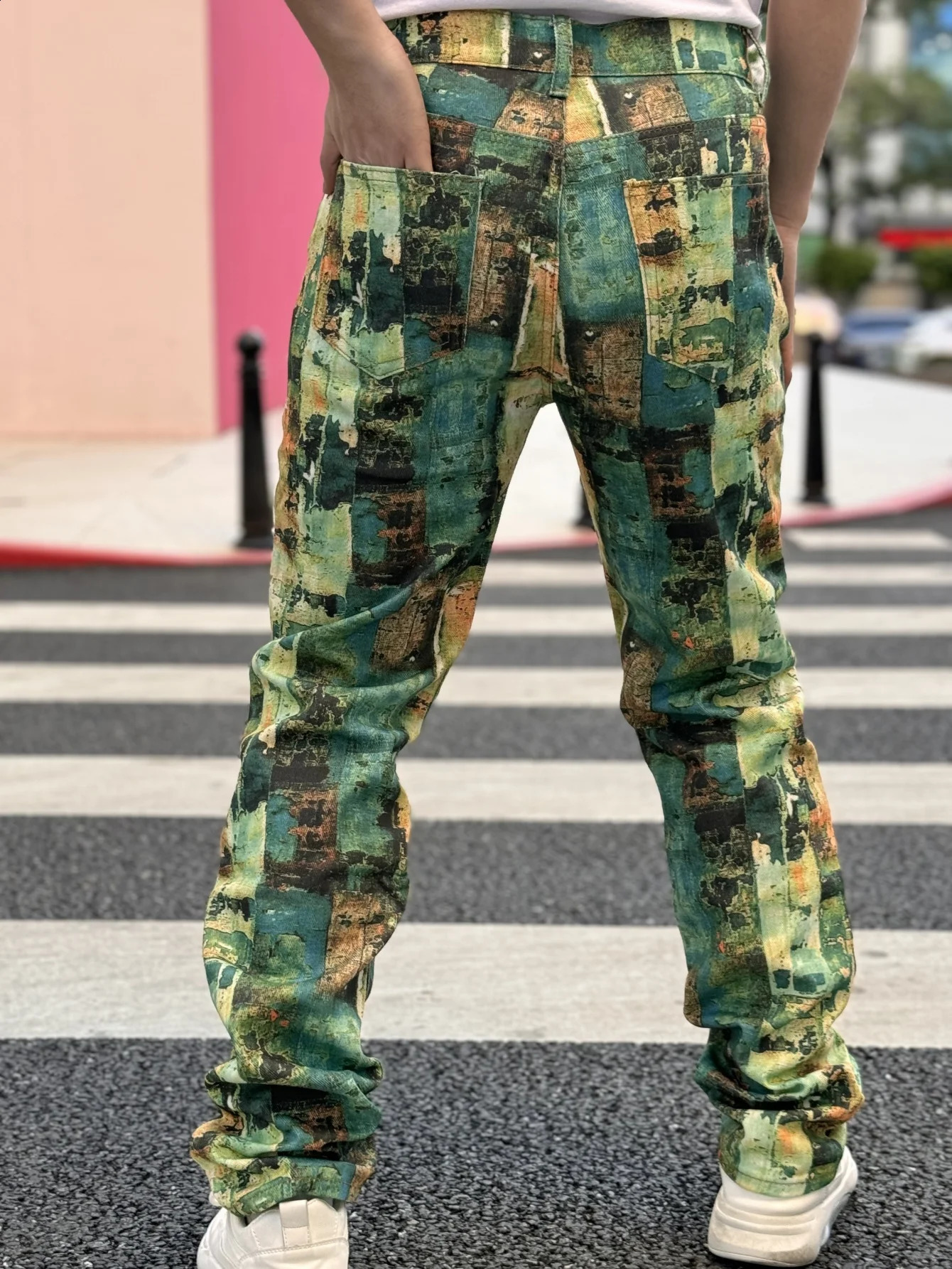 Y2K Mens Denim Jeans Patch Series Fashionable Street Hip Hop Style Regular Suitable for Green Cotton Blended 250407