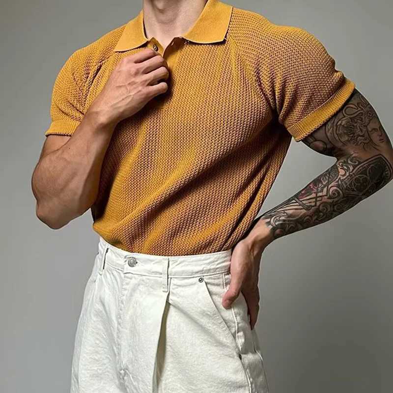 Fashionable mens ultra-thin polo shirt spring and summer casual solid color waffle style short sleeved polo shirt mens fashionable button polo neck sh